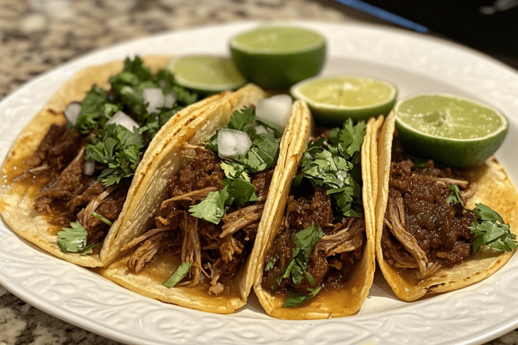 Juicy birria tacos dipped in consommé with lime and cilantro