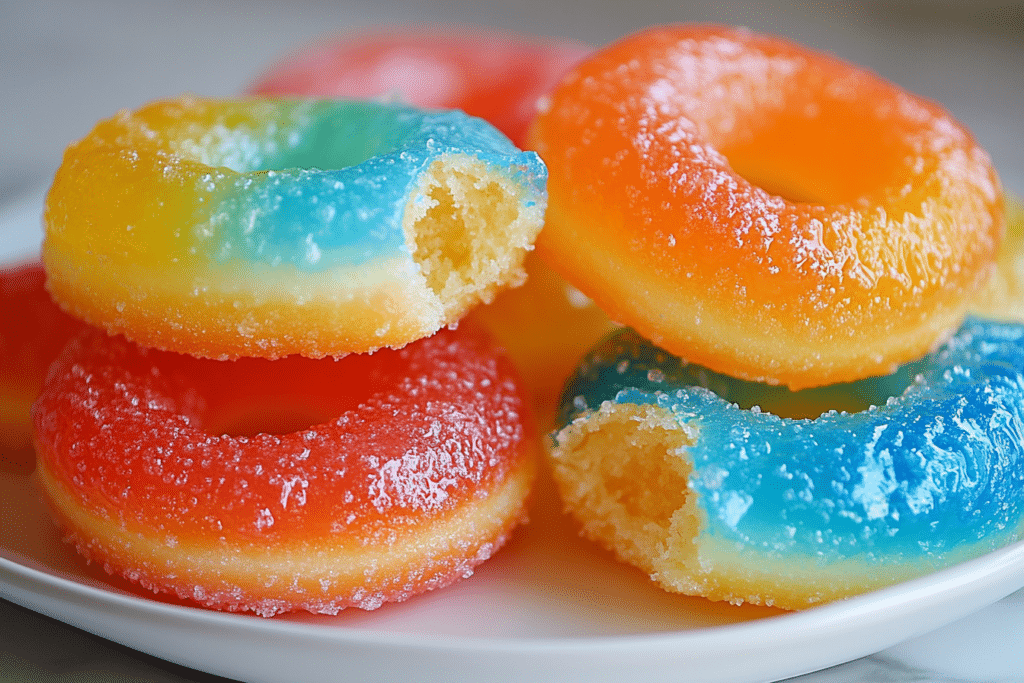 Vibrant gummy glazed donuts with a glossy, candy-like glaze.