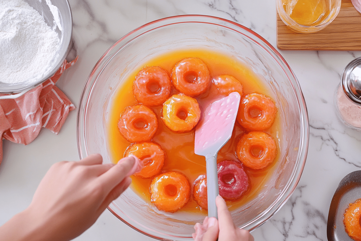 Donuts being dipped into melted gummy glaze.