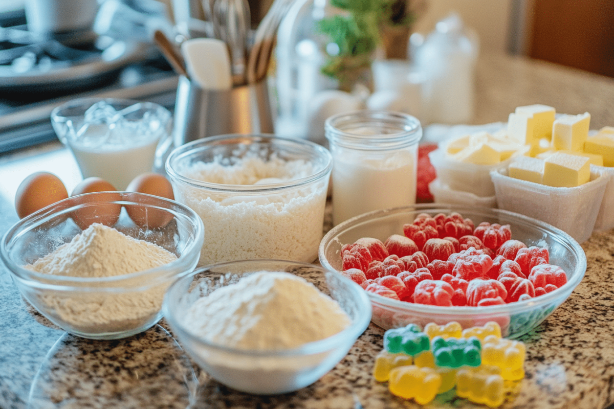 Ingredients for making gummy glazed donuts laid out on a kitchen countertop, including flour, sugar, eggs, milk, butter, yeast, and gummy candy for the glaze, with a cozy kitchen backdrop and soft natural light