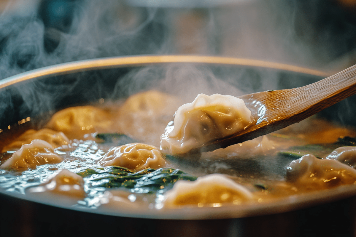 Pot of simmering potsticker soup with dumplings