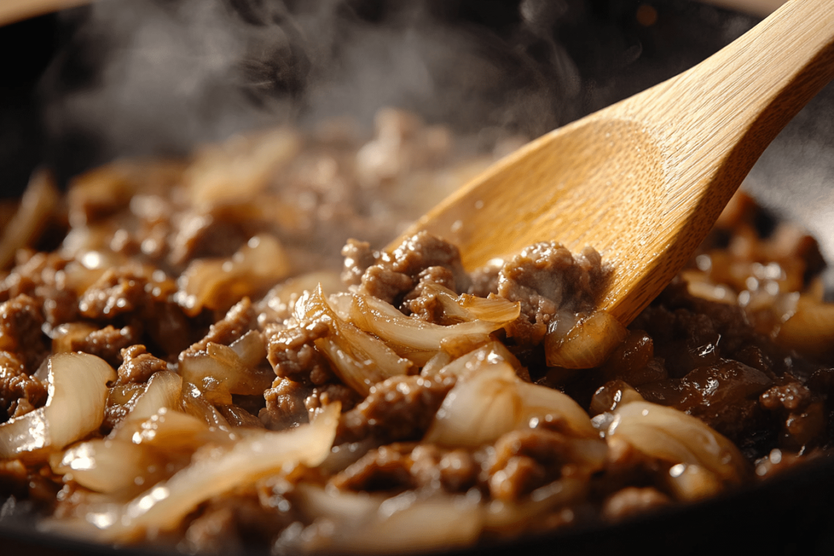 Caramelized onions and minced beef cooking in a skillet.