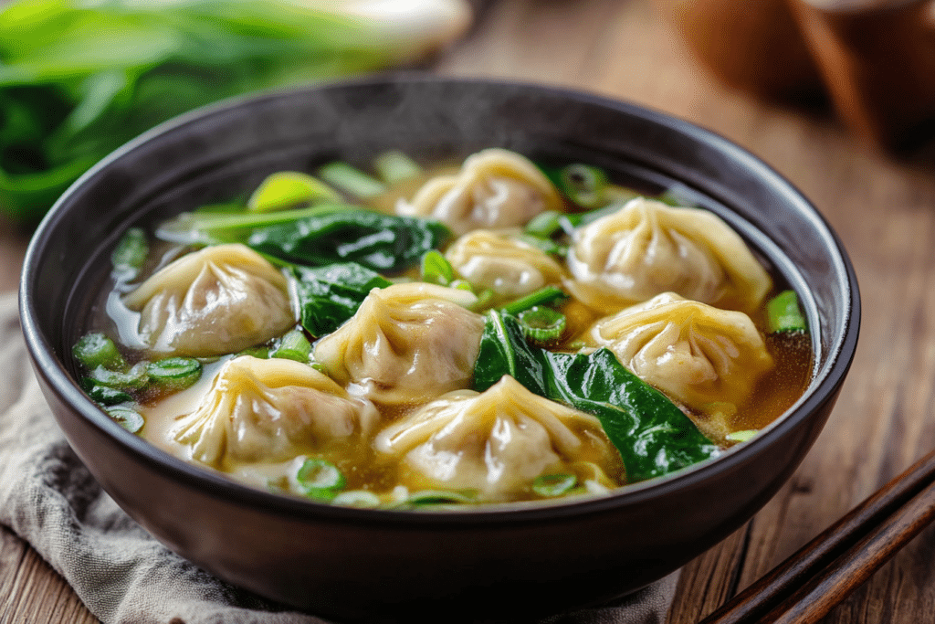 Bowl of potsticker soup with bok choy and mushrooms