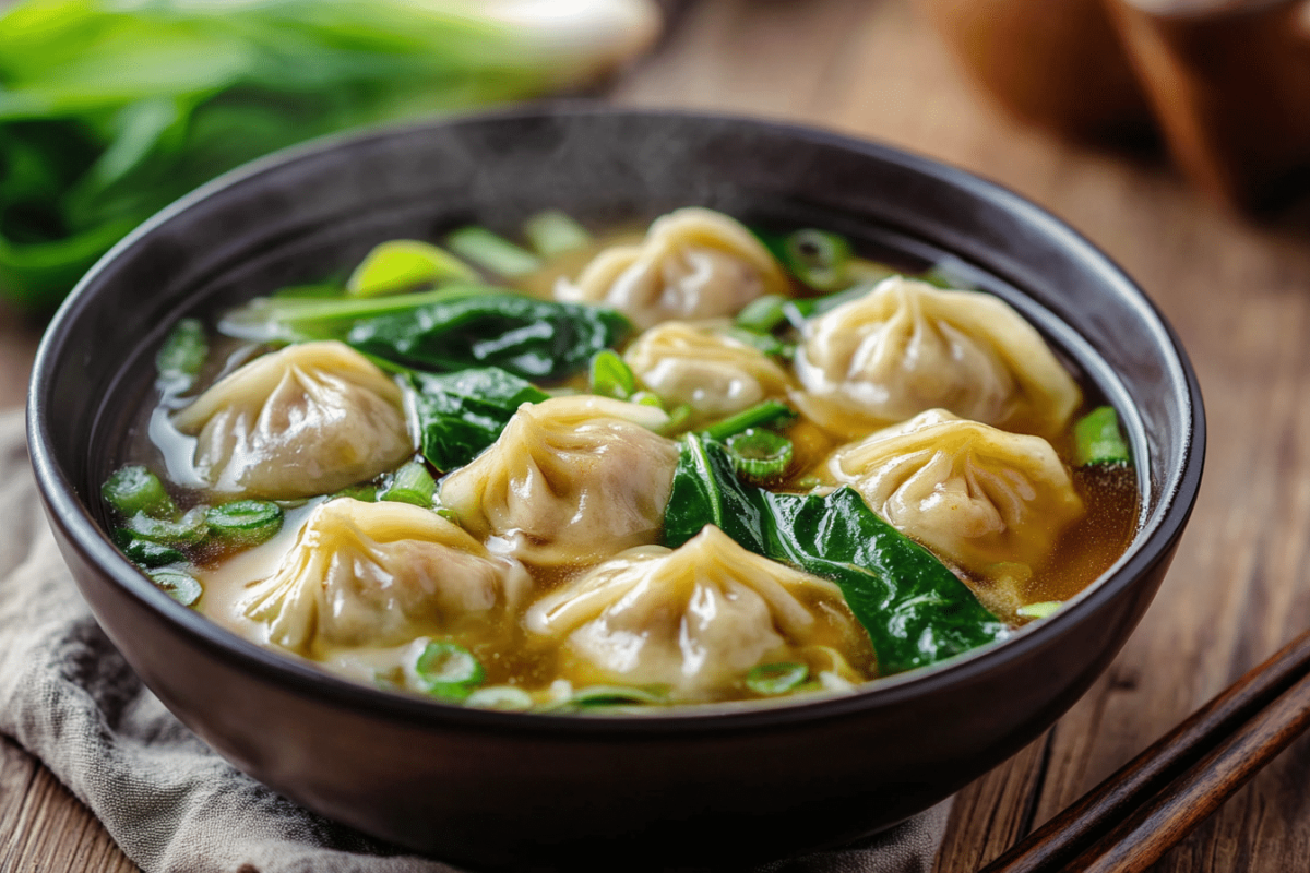 Bowl of potsticker soup with bok choy and mushrooms