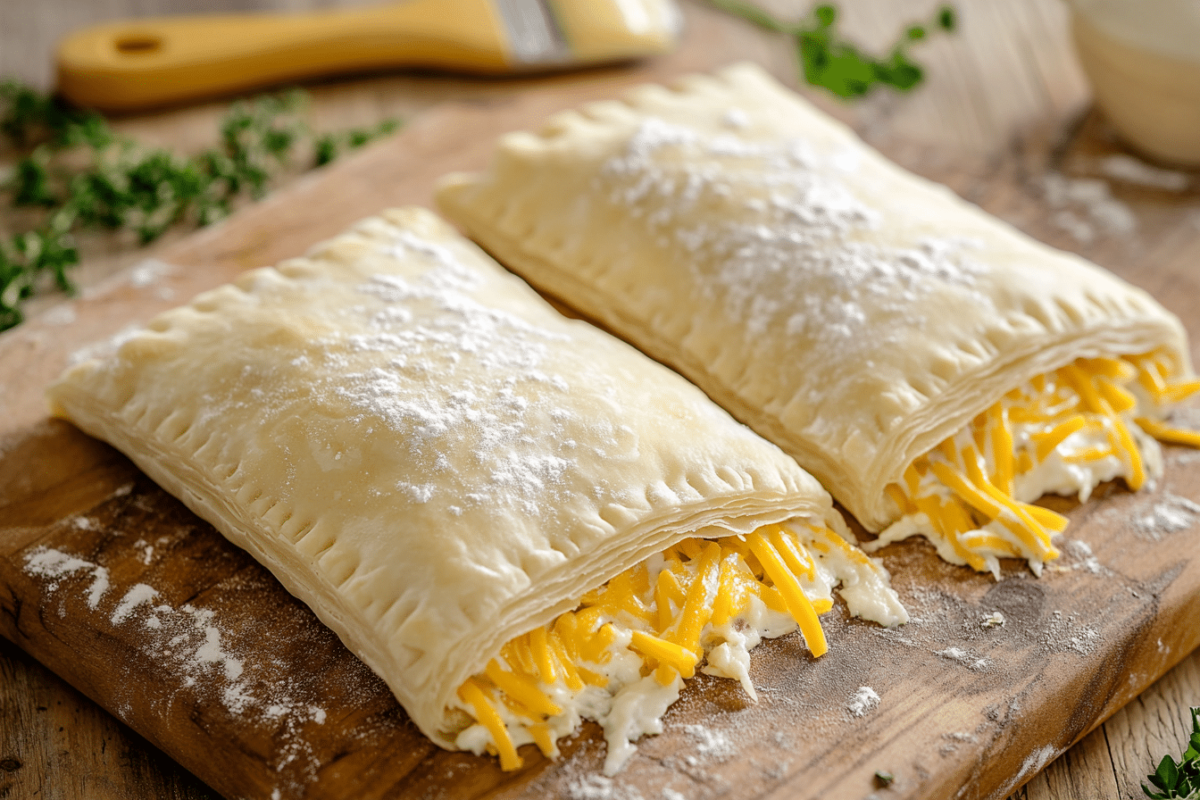 Uncooked puff pastry pockets filled with ground beef and cheddar cheese, placed on a wooden cutting board, ready for sealing and baking.